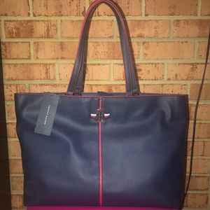 Tommy Hilfiger Navy and Red Leather Tote Bag